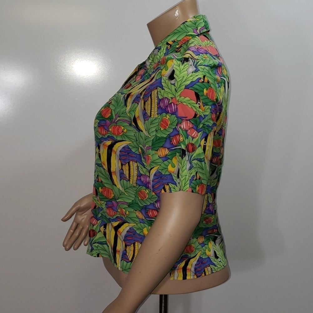 Vintage 90s Ann May 100% Silk Blouse Bright Vibrant Colors Tropical Fish Women L - Picture 2 of 10
